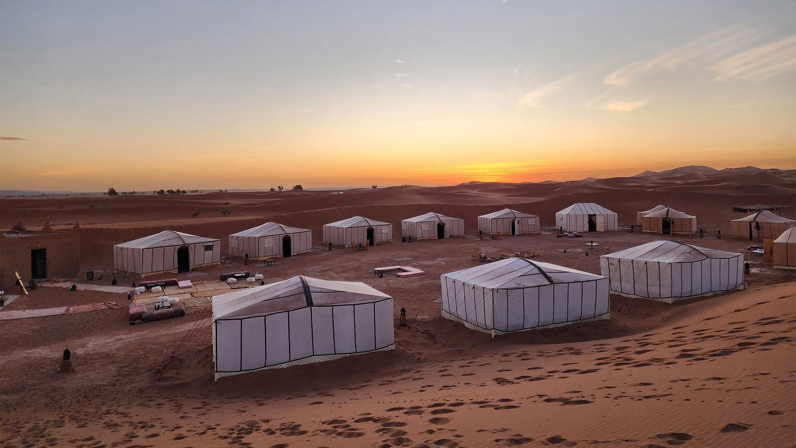 Sahara desert camp in Morocco at sunrise