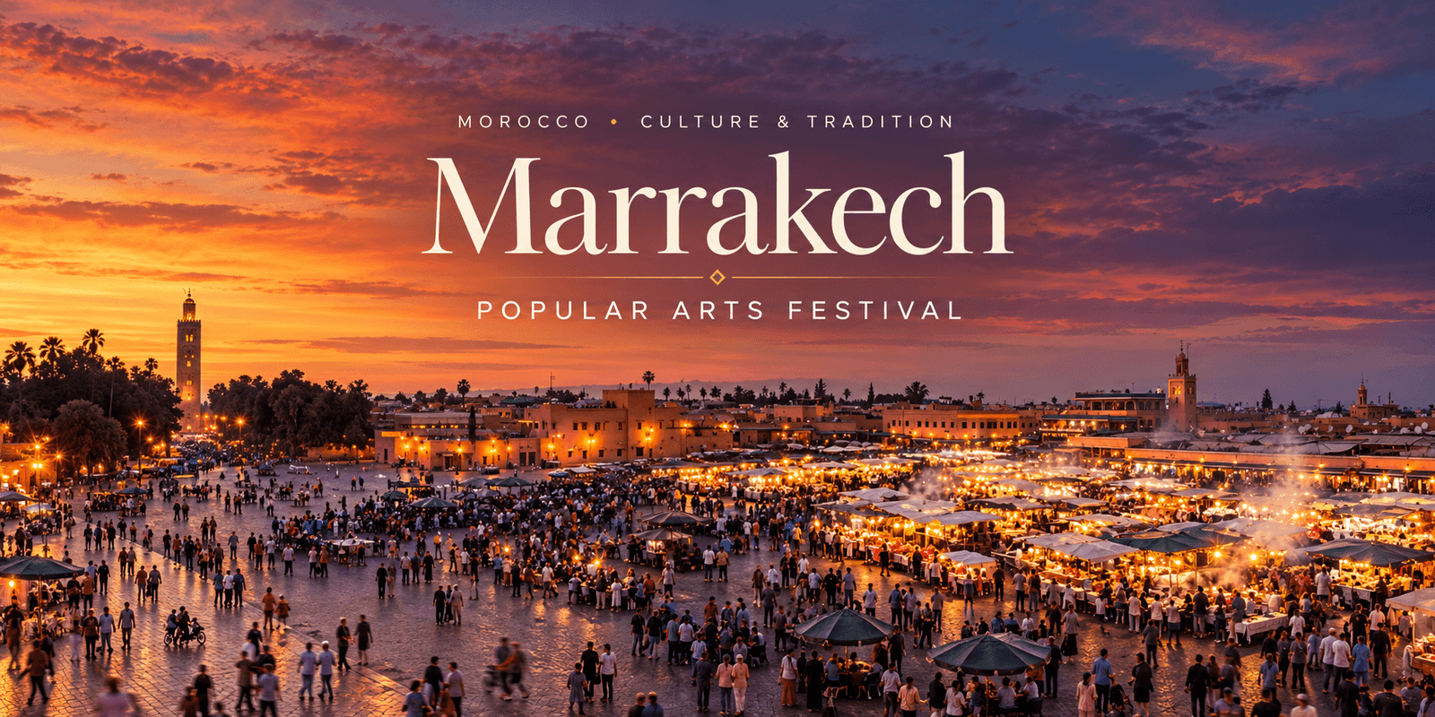 Marrakech at dusk editorial banner for the Popular Arts Festival